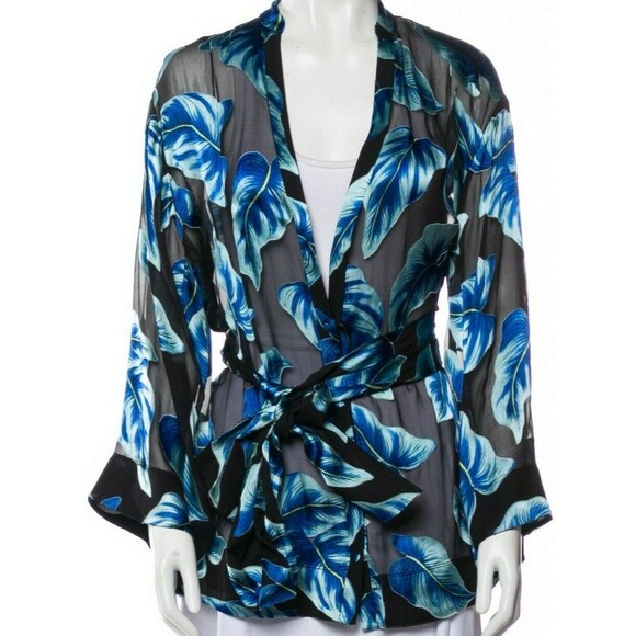 Women's Blouses' Designer Alice + Olivia Blue Floral Print Long Sleeves Tunic M - Picture 6 of 8